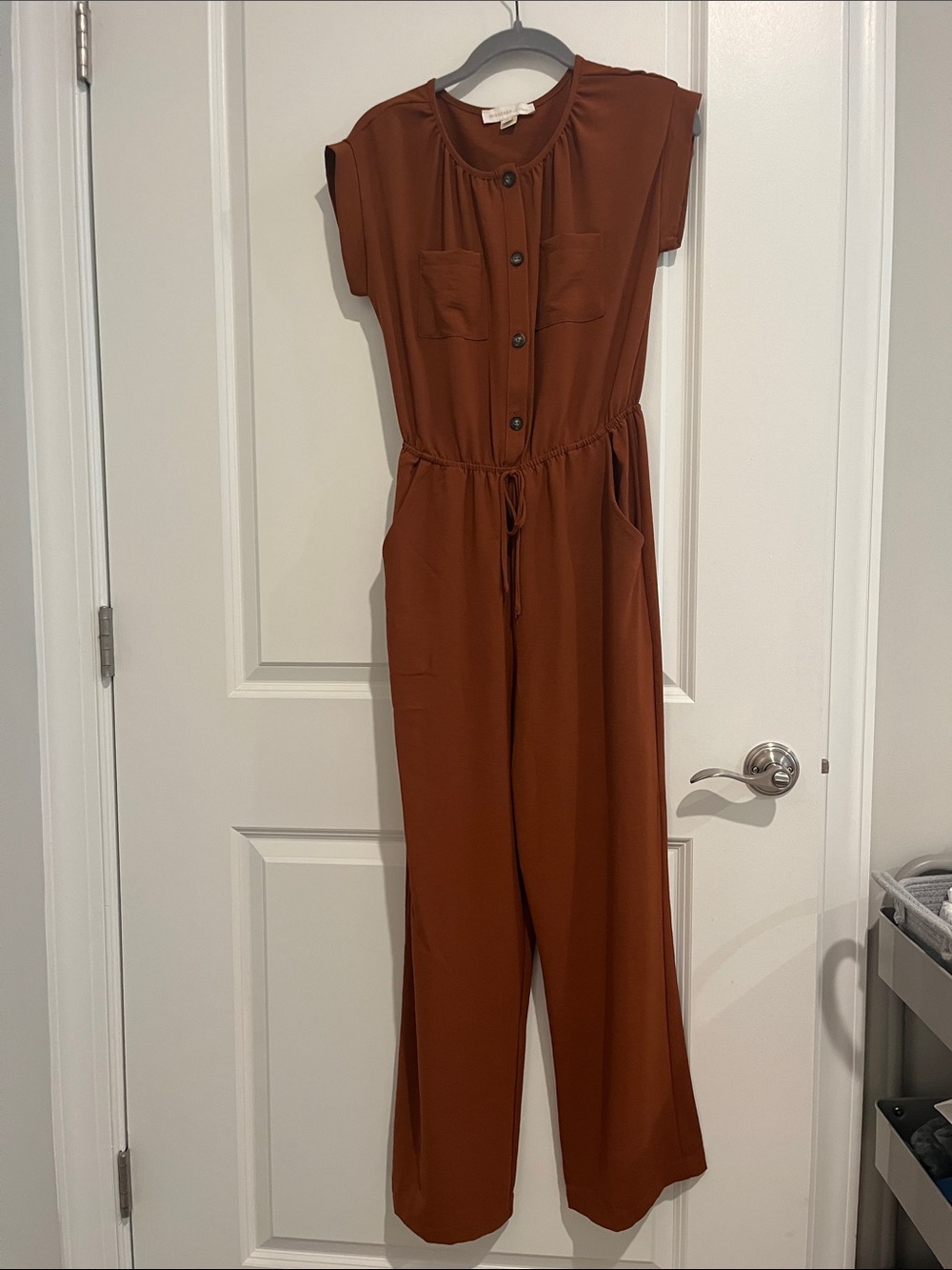 Cap sleeve Button-Front Jumpsuit in Rust